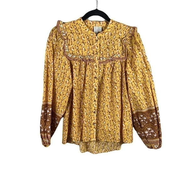 JOIE Boho Floral Prairie Puff Sleeve Ruffle Yoke Button Down Top Size S - Picture 2 of 12